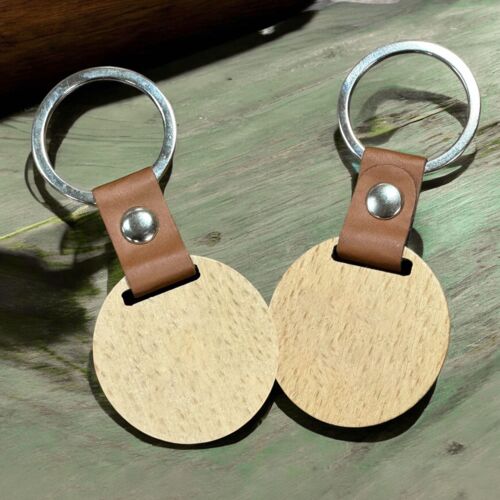 Round Wooden Keychain with Leather Thumbnail